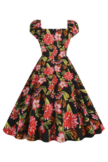 Vestido Vintage Estampado Negro Mangas Cortas